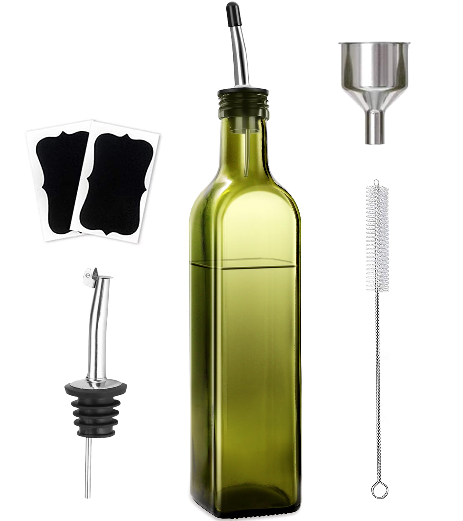 Olive Oil Dispenser Bottle, 2 Pcs Glass Olive Oil Dispenser and Vinegar Dispenser Set with 2 Stainless Steel Pourers, 4 Labels,1 Brush and 1 Funnel Oil Bottles for Kitchen (500ml)